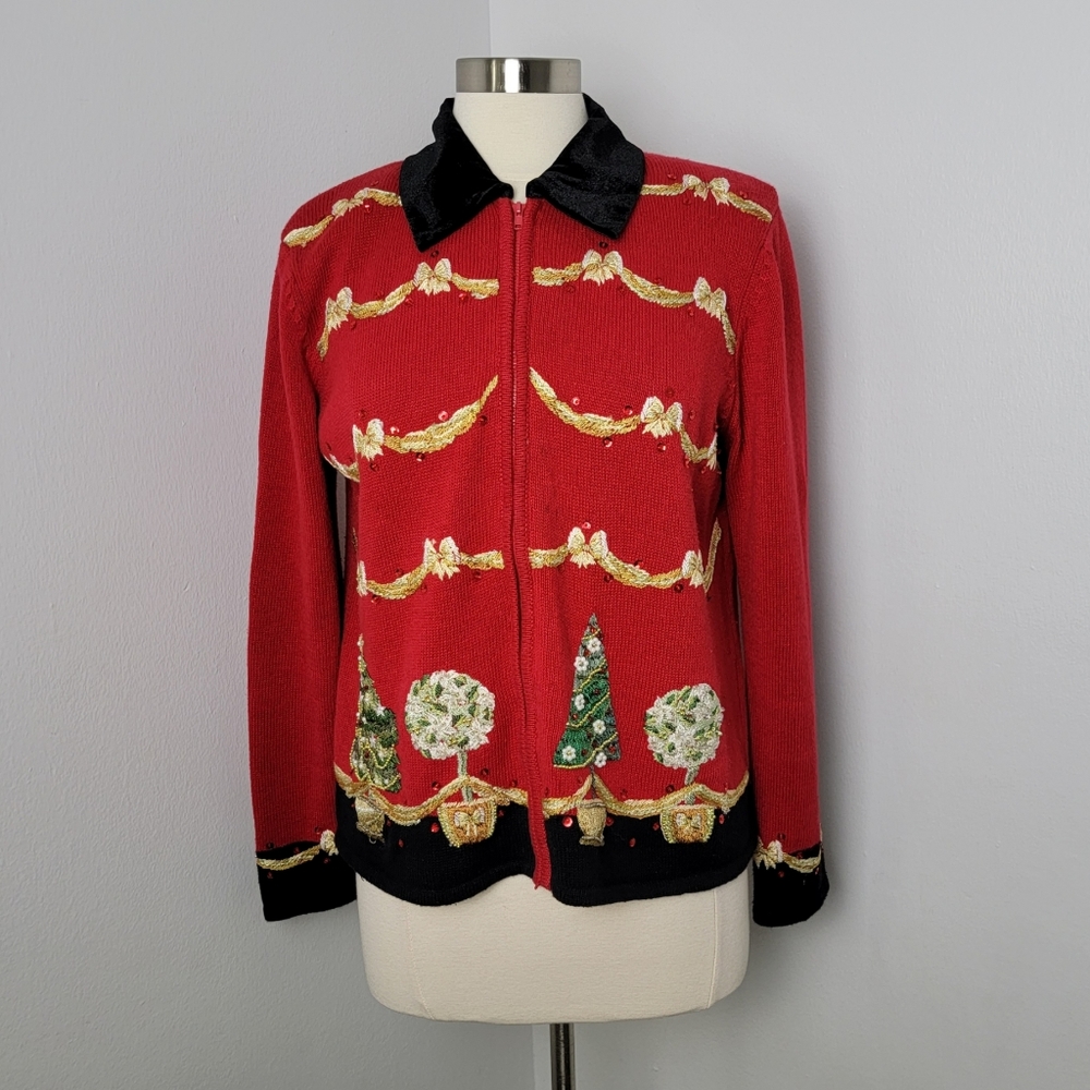 Y2K 2004 Vintage Zip-Up Cardigan Embroidered Ugly Christmas Sweater Size Medium
